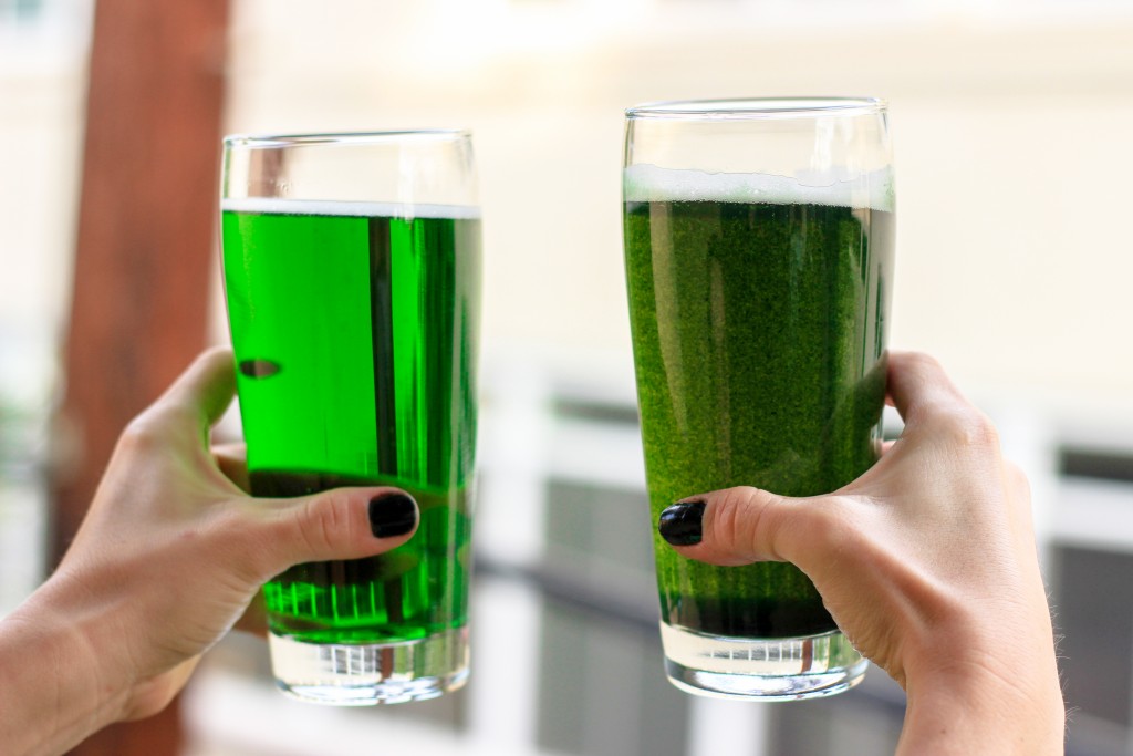 Left Side: Dye. Right Side: Chlorophyll. Who will win the battle of the brews in this St. Patrick's Day Green Beer DIY?